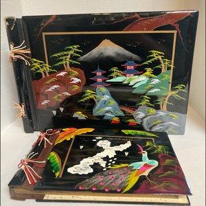 2 Vintage Japanese Black Lacquer Hand Painted Scrapbooks  Photo Albums